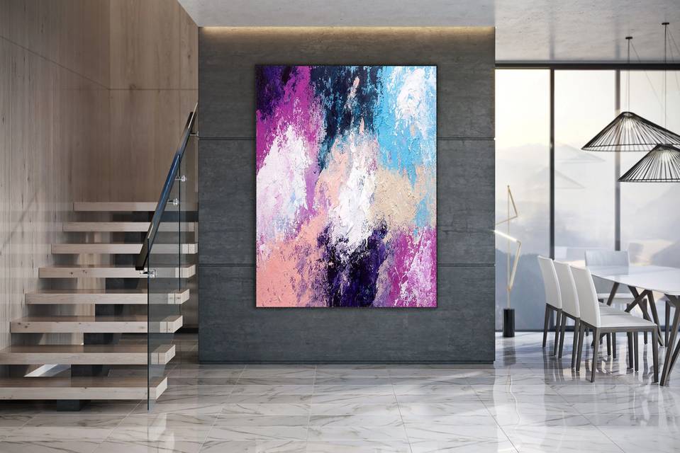 Blue Hand-painted Oversized Pink Abstract Canvas Wall Art 9JTMA
